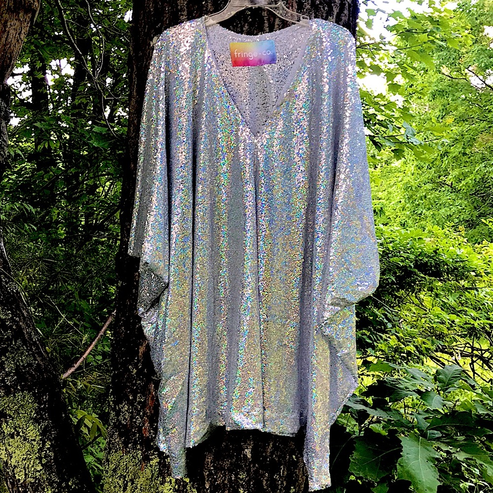 Iridescent Silver Sequin Caftan Dress